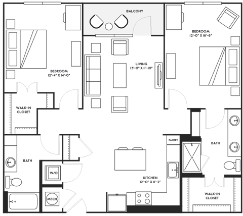 Floor plan for 2 beds, 2 baths, 1272 sqft